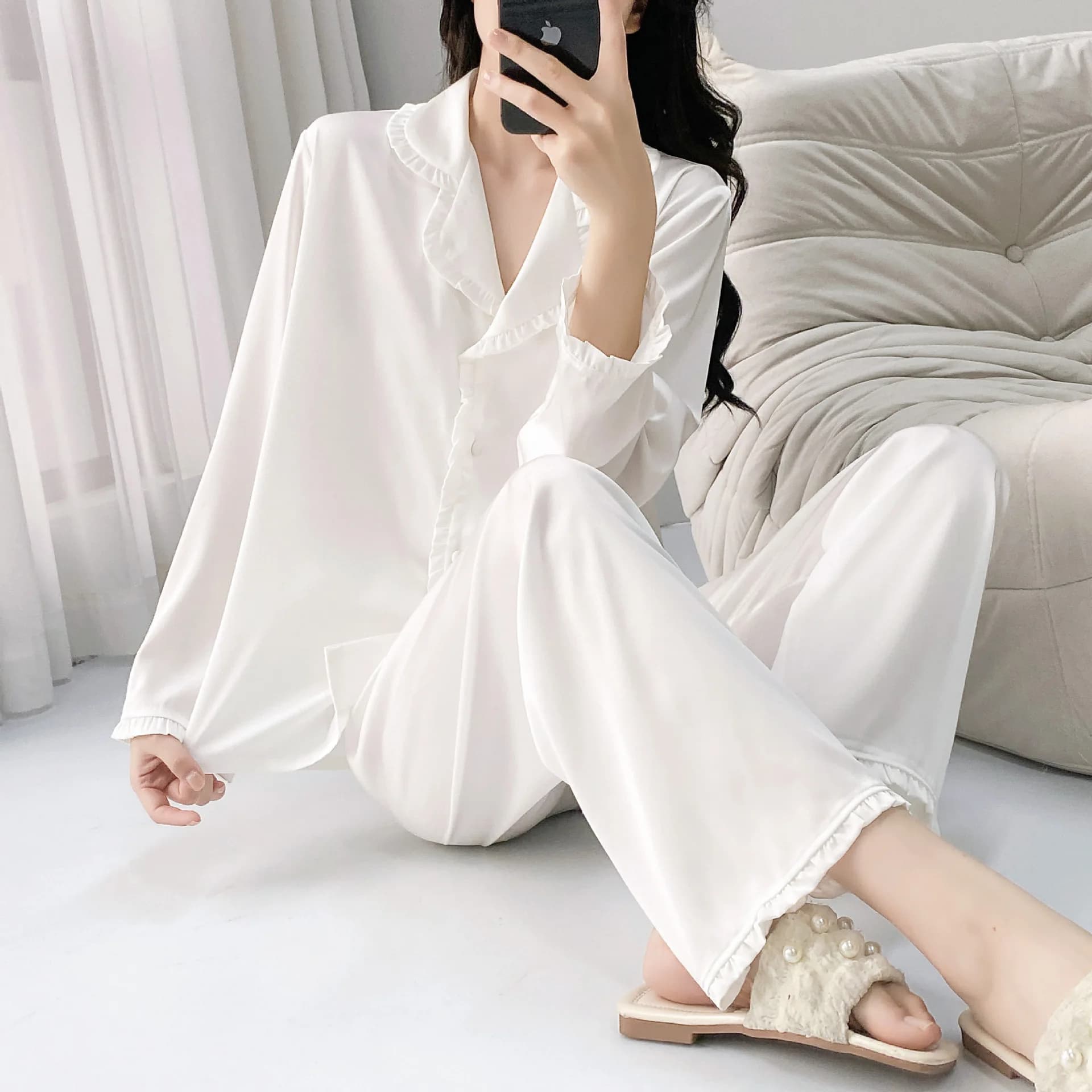 Summer Ruffles Ice Silk Satin Pajamas Suit 2 Piece Set Women Nightwear Long Sleeve Trousers Set Autumn Loungewear Home Clothes