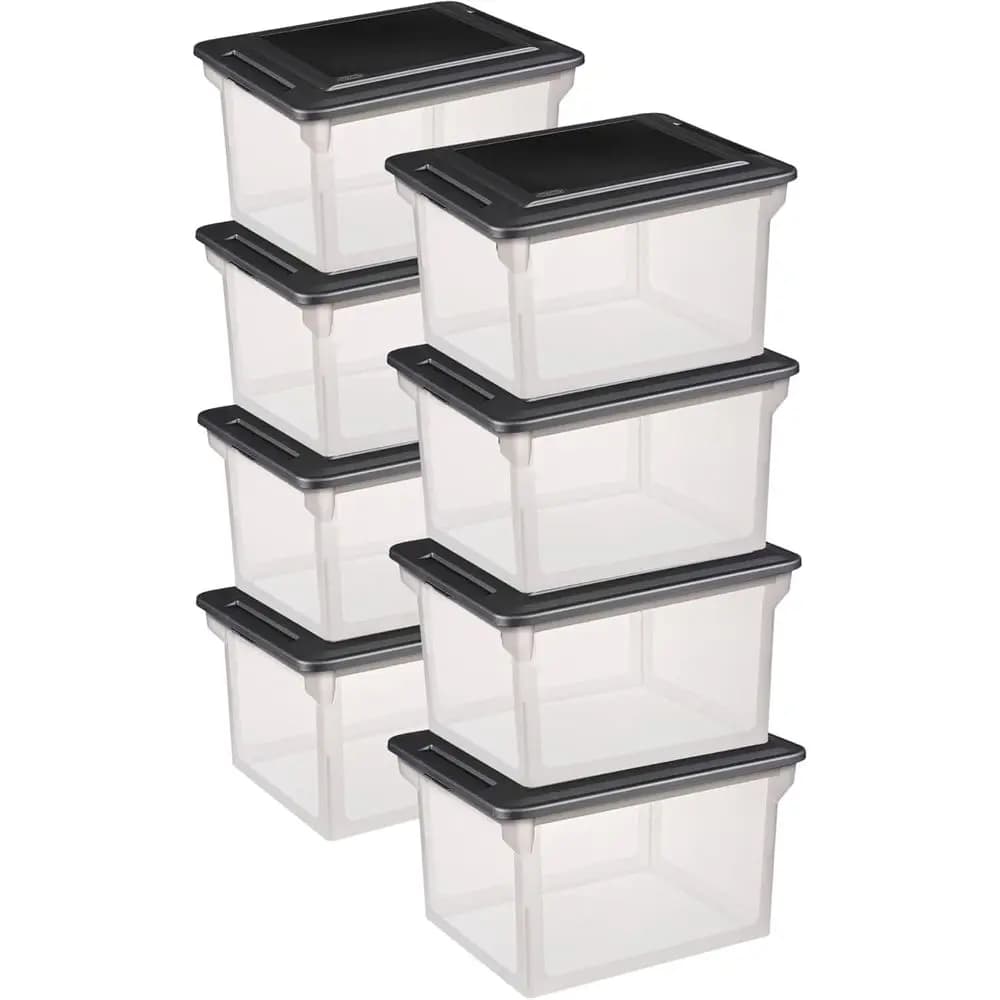 8-Pack ile Box, Clear Storage Tote with Black Lid or Letter & Legal Hanging olders - Stackable Plastic Document and Paper Organi