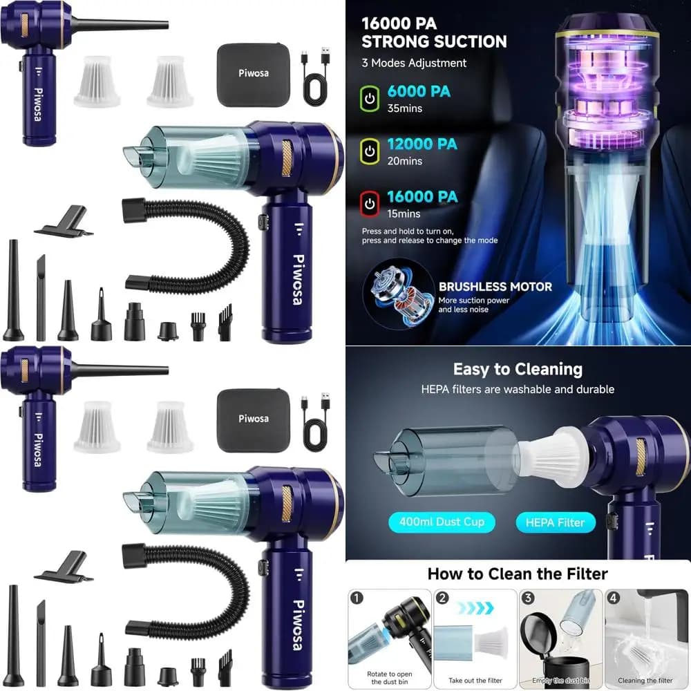 Aspirapolvere portatile senza fili per auto e casa con luce LED, potente aspirazione per peli di animali (blu scuro)