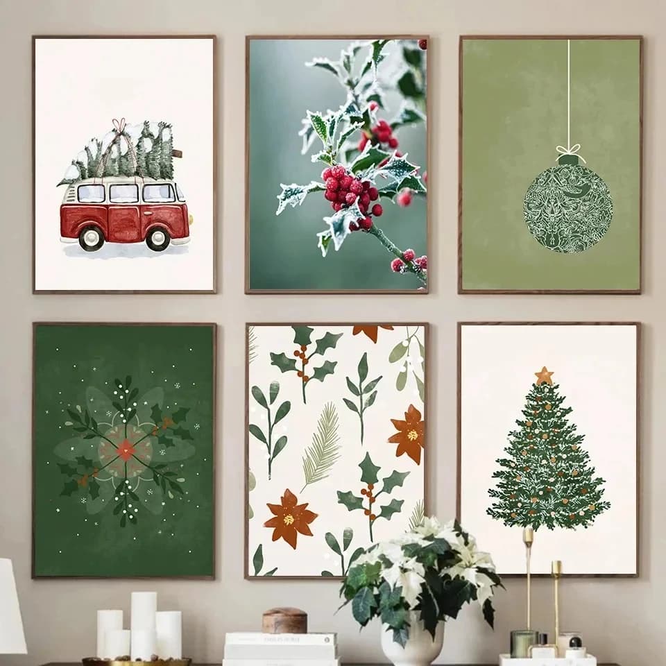 Poster decorativo con palline per l'albero di Natale – Tela senza cornice con motivo invernale di ulivo ghiacciato per decorazioni a forma di fiocco di neve per la casa