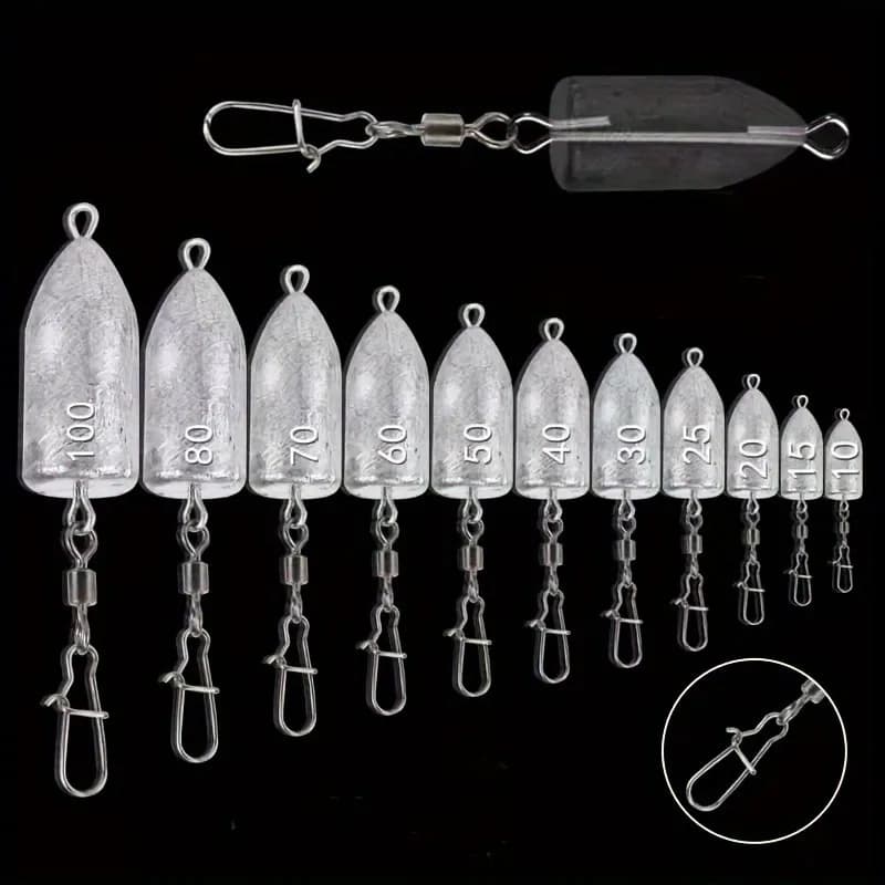 Fishing rains with snap straps (5 pieces) | for bass and salt water | Bullet style weights in 11 sizes