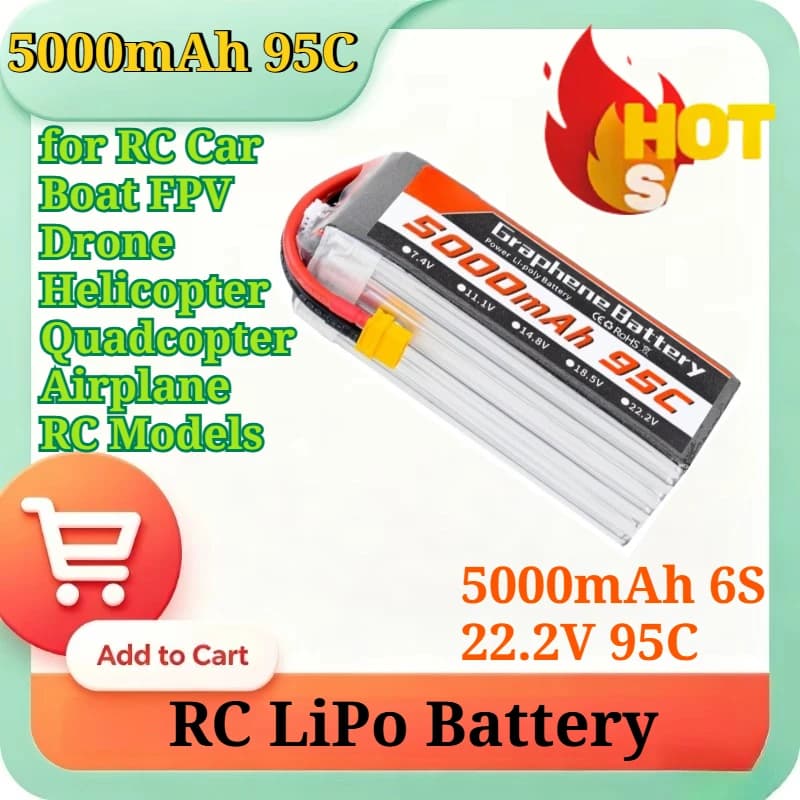 Batteria Lipo al Grafene 5000mAh 6S 22.2V 95C ad Alta Velocità di Scarica con Connettore XT60 XT90 per Auto RC, Barche, Droni FPV, Elicotteri, Aeroplani