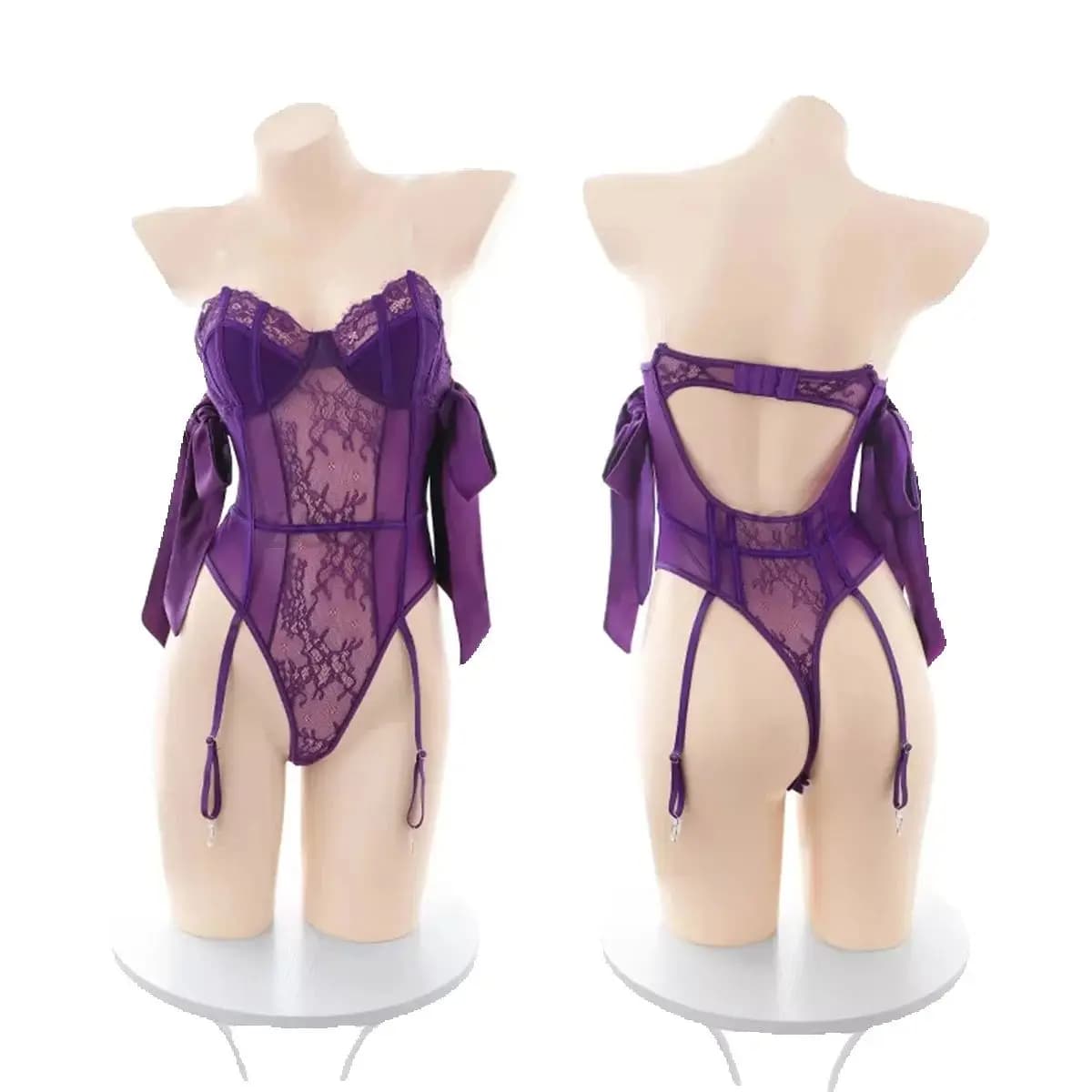 Lace Corset Bodysuit Suspender Straps Erotic Lingerie GIET Women's Deep V-Neck Hollow-Out Mesh Backless Queen Underwear