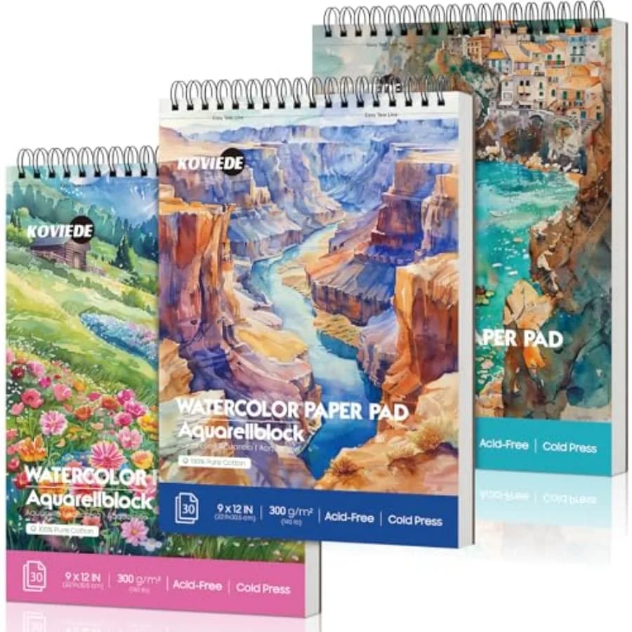 100% Cotton Watercolor Paper Pad 9"x12" 3 Pack, 30 Sheets Each - Cold Press 140lb/300gsm Spiral Bound Watercolor Sketchbook, Ar
