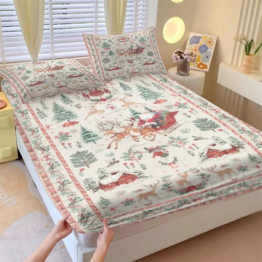 Set di 3 Lenzuola con Elastico a Tema Natalizio: Babbo Natale e Renne, Set di Biancheria da Letto Morbida per Camera da Letto e Decorazioni Invernali