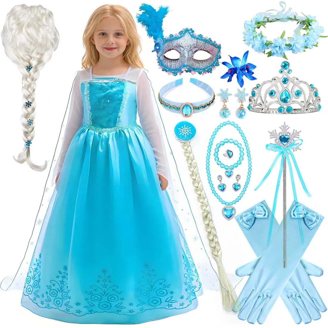 Abito da principessa Elsa di Disney azzurro, abito da principessa in pizzo a maniche lunghe, abbigliamento estivo traspirante e carino + mantello + set di accessori