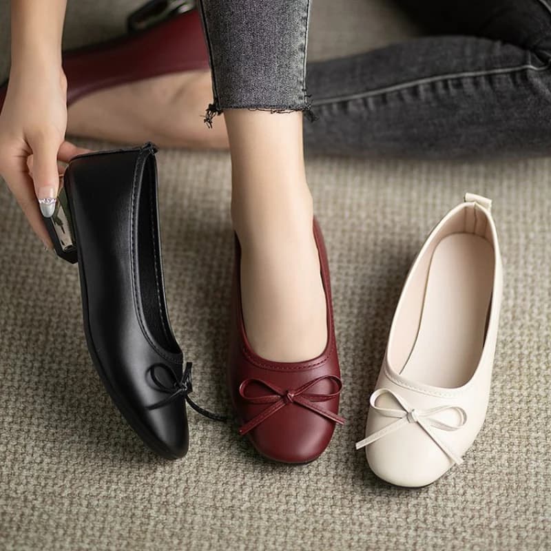 Eleganti Scarpe Basse con Fiocco per Donne, Mocassini in Morbida Pelle, Scarpe Casual per Ufficio e Lavoro Quotidiano, Bianco Sporco/Nero/Rosso