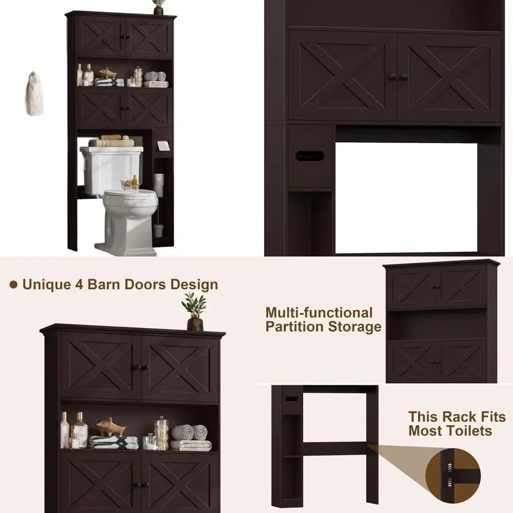 Mobiletto portaoggetti per WC con porta da fienile espresso con 4 ante e portarotolo per l'organizzazione bagno, lavanderia e bagno
