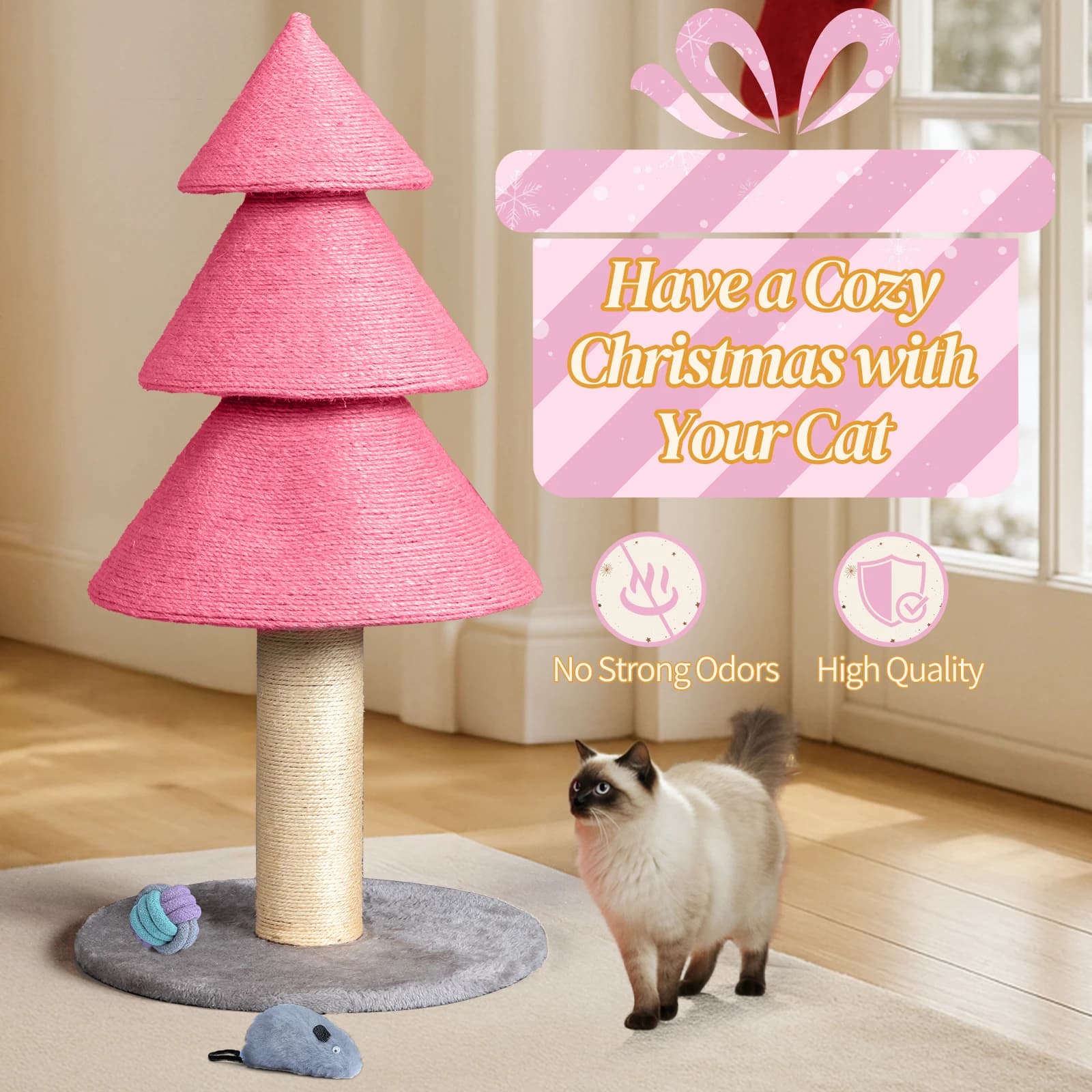 Tiragraffi per Gatti a Forma di Albero di Natale, Tiragraffi per Gatti da Interno, Grande Tiragraffi a Torre in Sisal per Gatti, Rosa