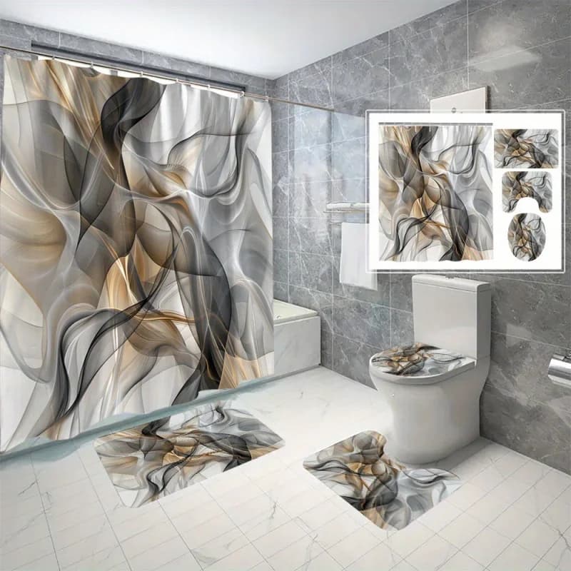 4-Piece Abstract Wave Pattern Shower Curtain Set with Hooks, Water-Resistant Digital 3D Printed Bathroom Decor, Polyester, Artis