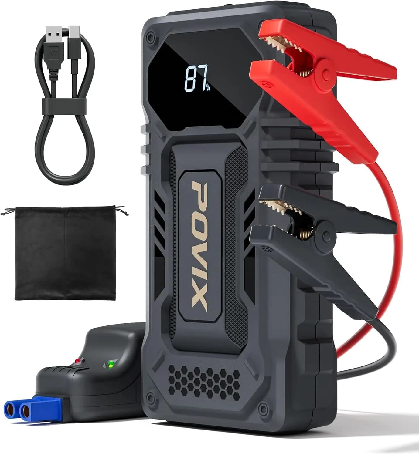 Avviatore di emergenza per batteria per auto 10000mAh 12V con torcia elettrica, ricarica di tipo C, cavo intelligente, kit di emergenza