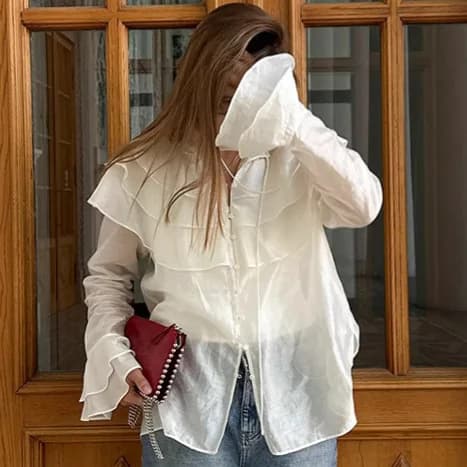 Women Elegant White Lapel Ruffle Shirts Chic Long Flared Sleeve Single Breasted Layered Loose Blouse 2026 Commute Office Top