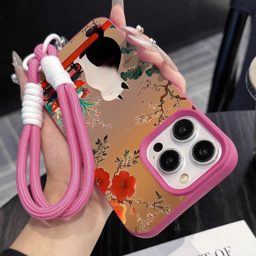 Custodia Vintage Floreale Chinoiserie con Gatto per iPhone 16 15 17 14 13 12 11 Pro Max Plus 17 Air X, Cover Morbida con Texture Litchi e Cinghia