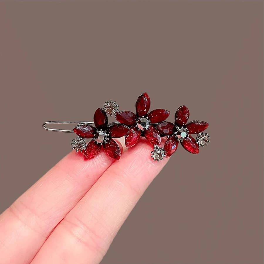 Fermaglio per capelli rosso di alta gamma per Capodanno da donna, con strass e fiori smaltati, clip a filo singolo in metallo per frangia laterale