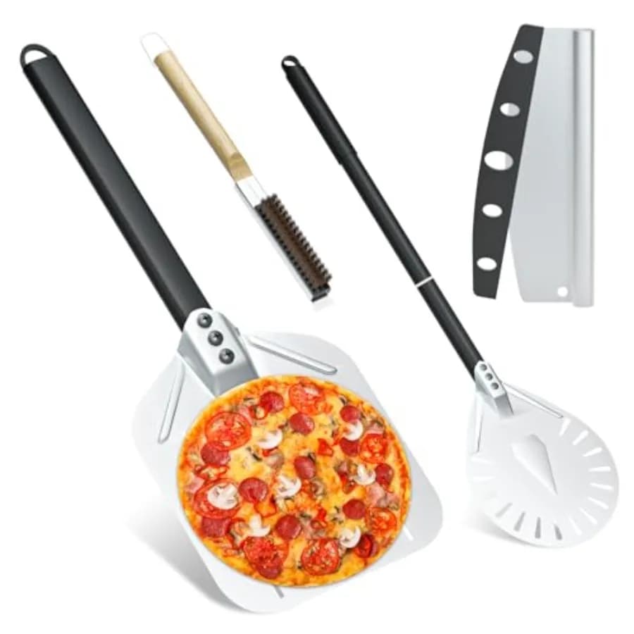 Set 4 Accessori per Forno Pizza: Pala per Pizza Forata da 12 Pollici, Pala Girevole Rotonda da 9 Pollici, Spazzola per Pulizia Pietra Pizza con Raschietto