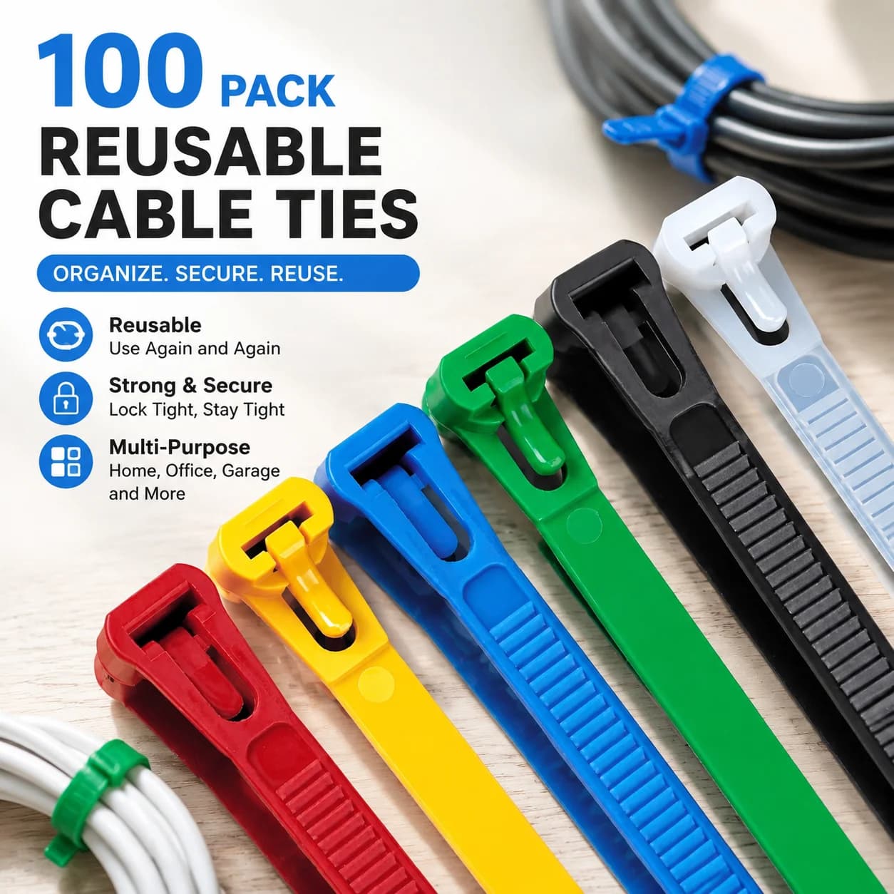 100 Reusable Cable Ties, Nylon PA66 Removable Cable Lock Loop Ties, Black White Mixed Colors, 4x150mm