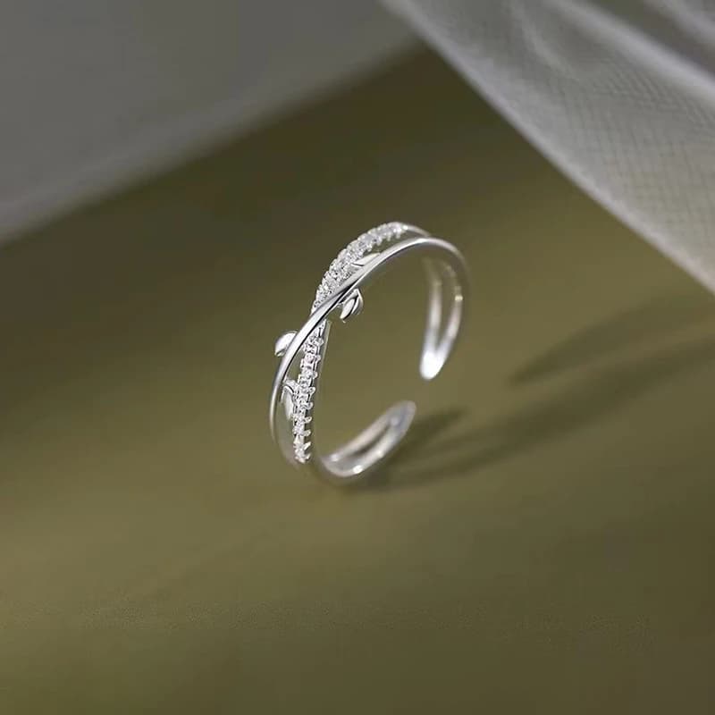 Silver Color Elegant Zircon Leaf Double Layered Ring for Charming Women Irregular Fashion Jewelry Ajustable Accessories