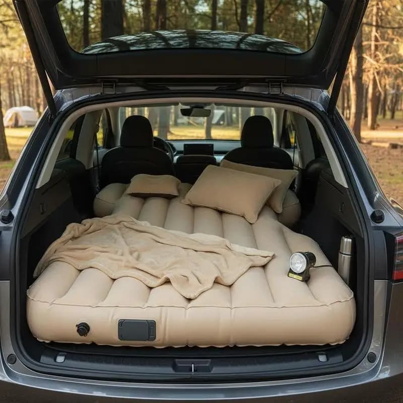 Inflatable Vehicle Sleeping Mat 75x51 Inch For Camping Travel Road Trip, Built-in Pump Thickened Flocking Surface Beige Travel Bed 2 Pillows Fits Tesla Model Y 2020-2024