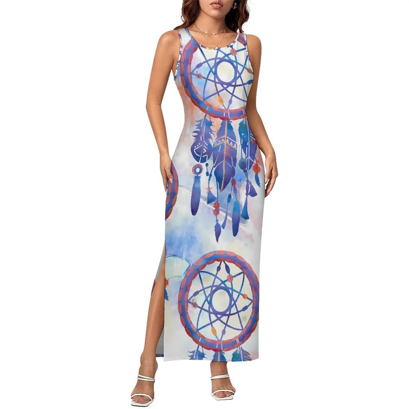 Women Bodycon Dress Elegant Blue Dream Catcher Maxi Dresses Spring Modern Boho Print Sleeveless Fashion Dress Big Size 3XL 4XL