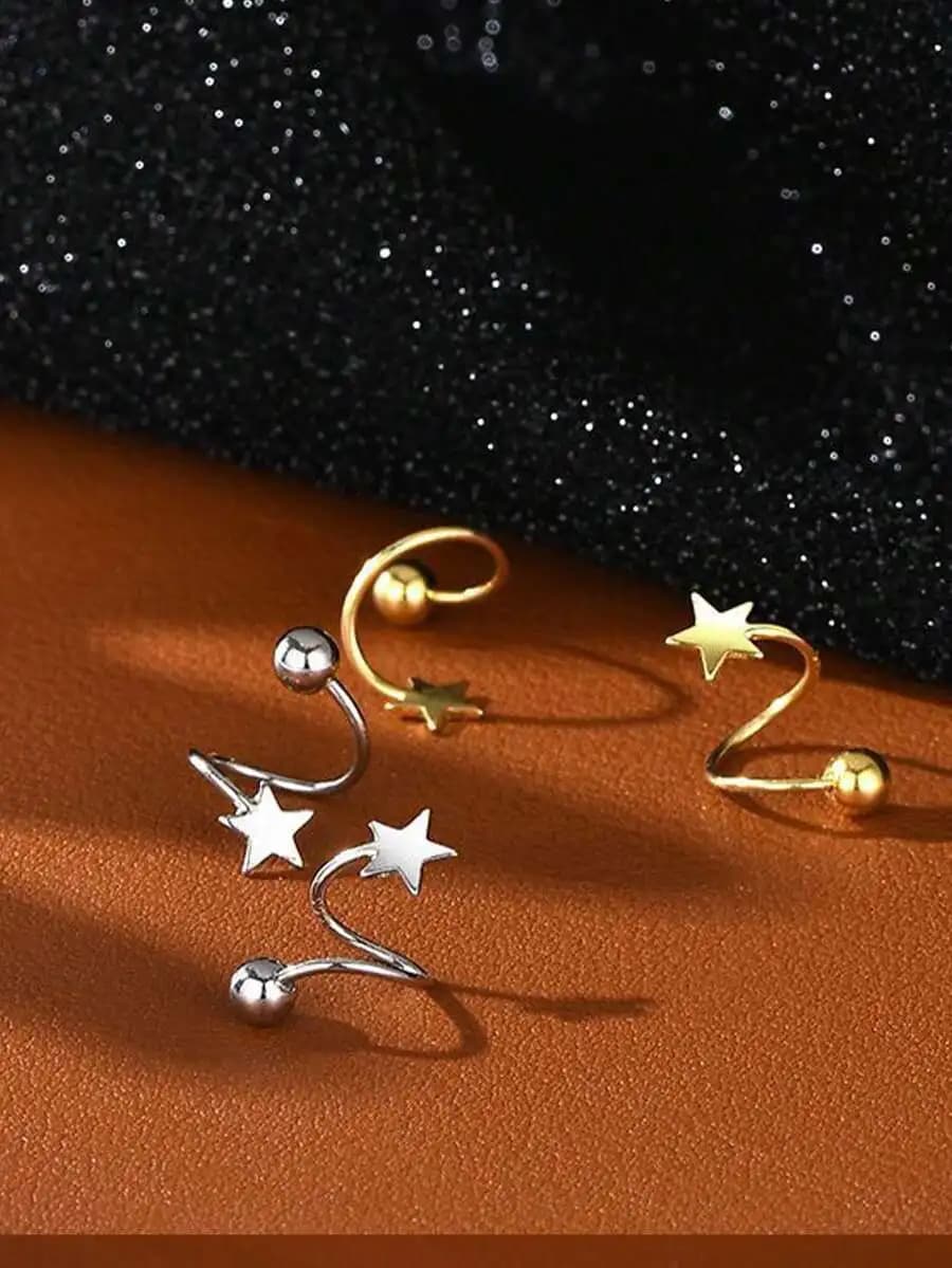 S925 Sterling Silver Spiral Twist Navel Stud With Delicate Star Charms, Minimalist Casual Jewelry For Daily Wear, Gift For Her