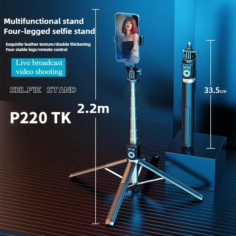 2.2m Long Selfie Stick with Quadripod Stand Rechargeable Bluetooth Remote Telescopic Tripod for Video Shooting and Photograph
