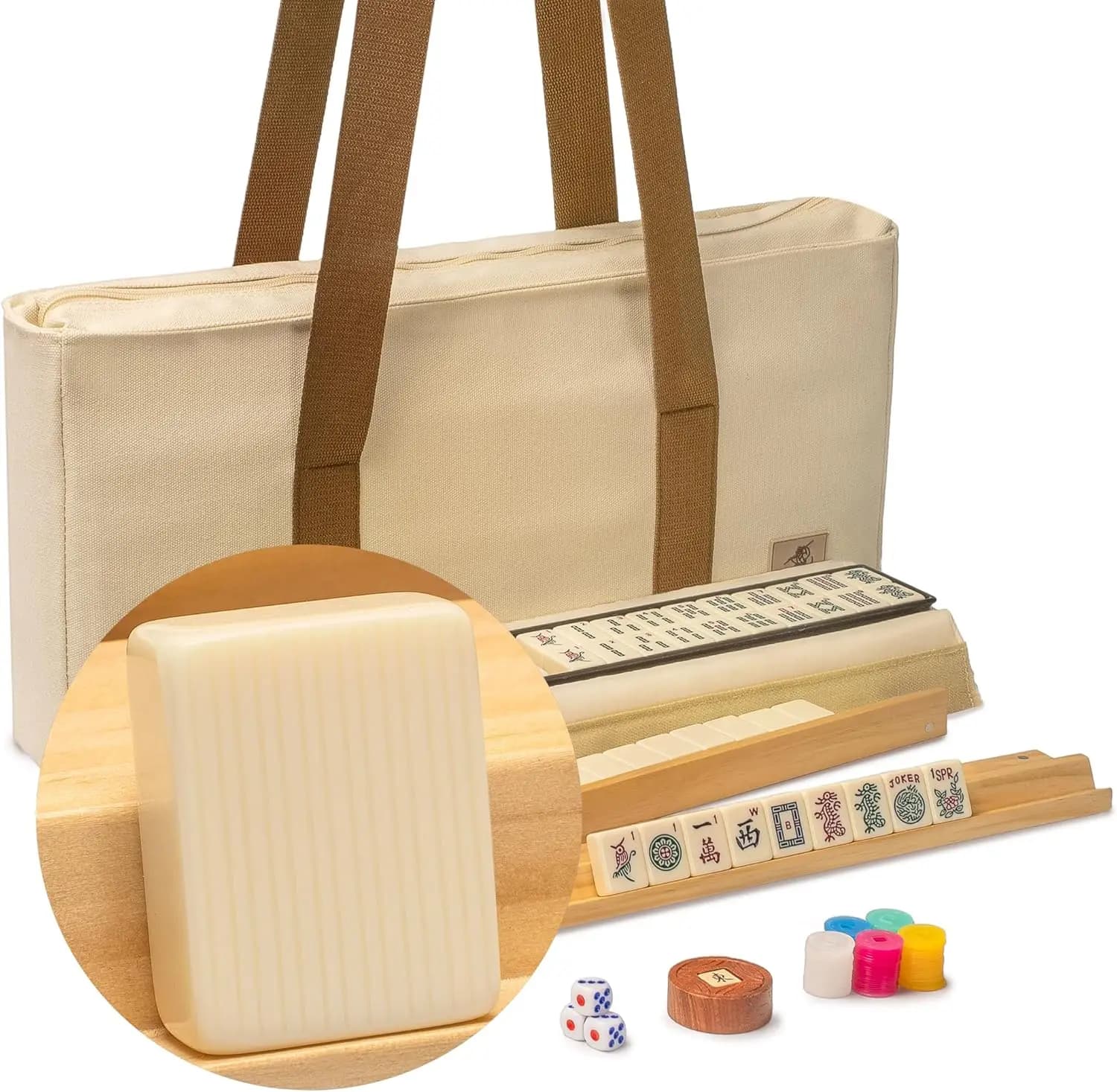 Set Mahjong Americano con 166 Tessere, Valigetta Morbida Beige, Supporti in Legno, Monete, Dadi e Indicatore del Vento