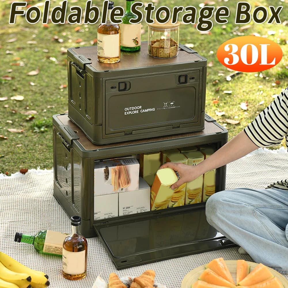 20/30 Foldable Storage Container for Outdoor With Wooden Lid Camping Storage Container Storage Box for Side Open Car Stackable Outdoor Tool