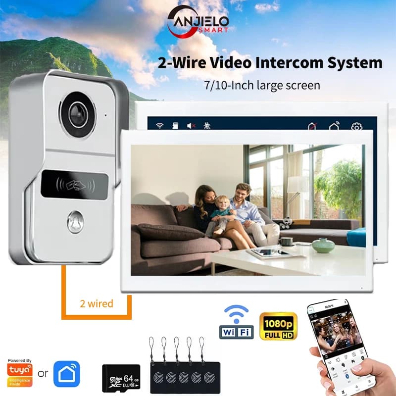 ANJIELOTuya sbloccato campanello digitale a 2 linee video domestico1080Moorbell telecamera videocitofono scheda citofono monitor da 7/10 pollici
