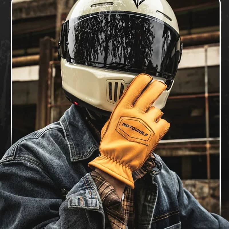 Retro Genuine Leather Motorcycle Gloves Full‑Finger Touch Screen Anti‑Shock Moto Gloves For Men 4‑Season Motorbike Commute