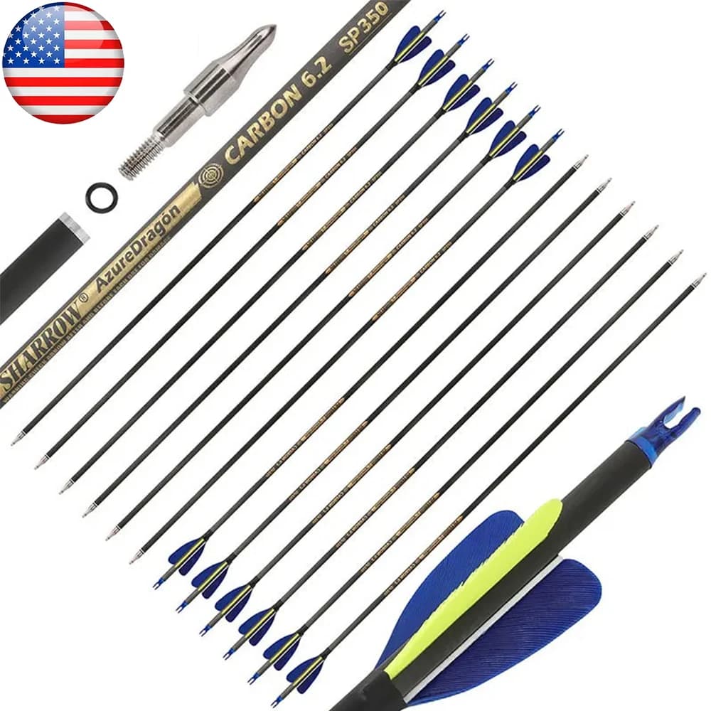Archery Carbon Arrows 32 Inch Pure Spine 500 ID 6.2mm 2 Inch Feathers for Bow Hunting Target Shooting Sports Use