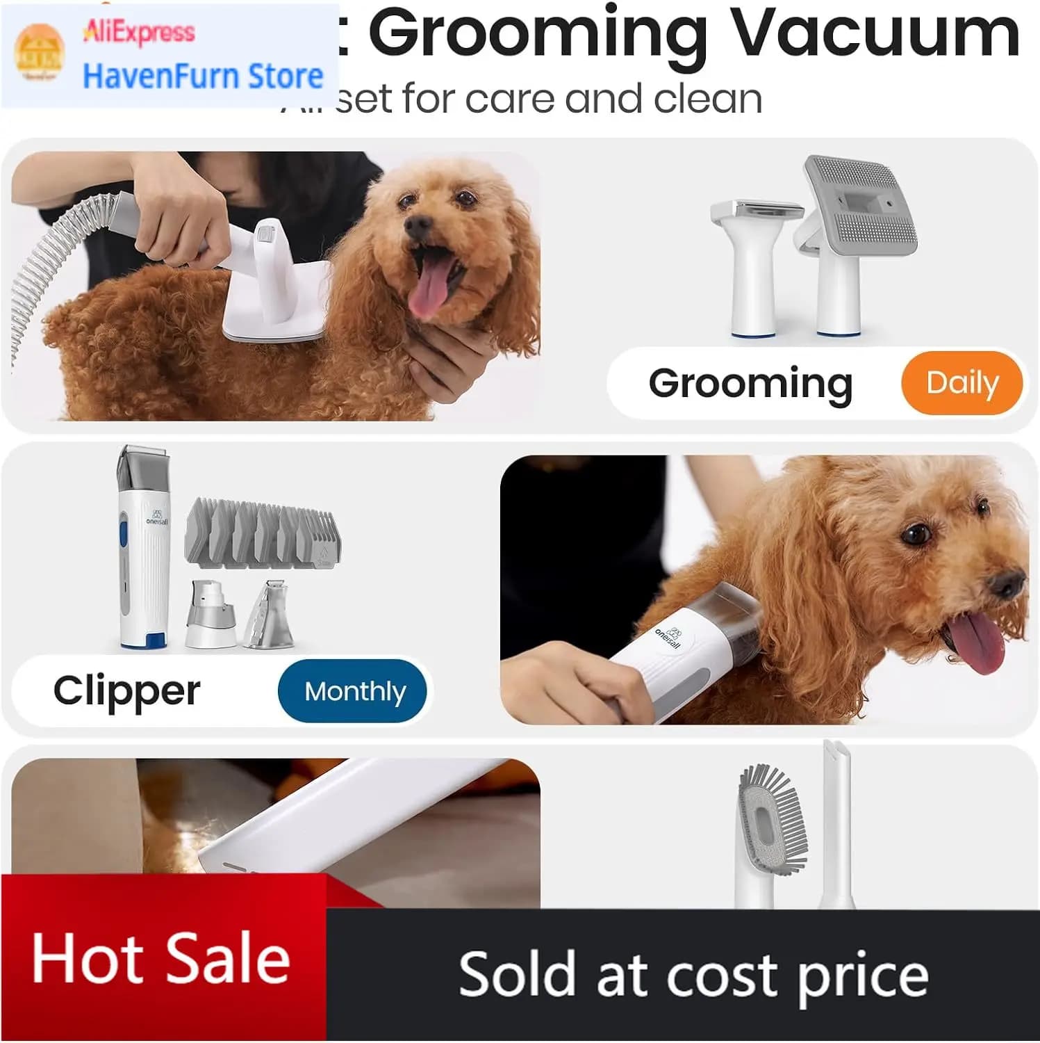Aspirapolvere per toelettatura cani, Aspirapolvere per animali domestici con tosatrice e smerigliatrice per unghie, Spazzola per la rimozione del pelo con contenitore polvere da 1,5L e 7 strumenti