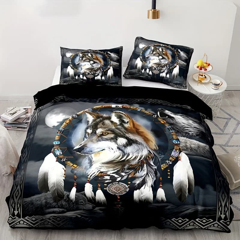 Ethnic Style Wolf Dreamcatcher Print Duvet Cover Set - Soft Comfortable and Breathable Bedding for Bedroom and Guest Room Decor
