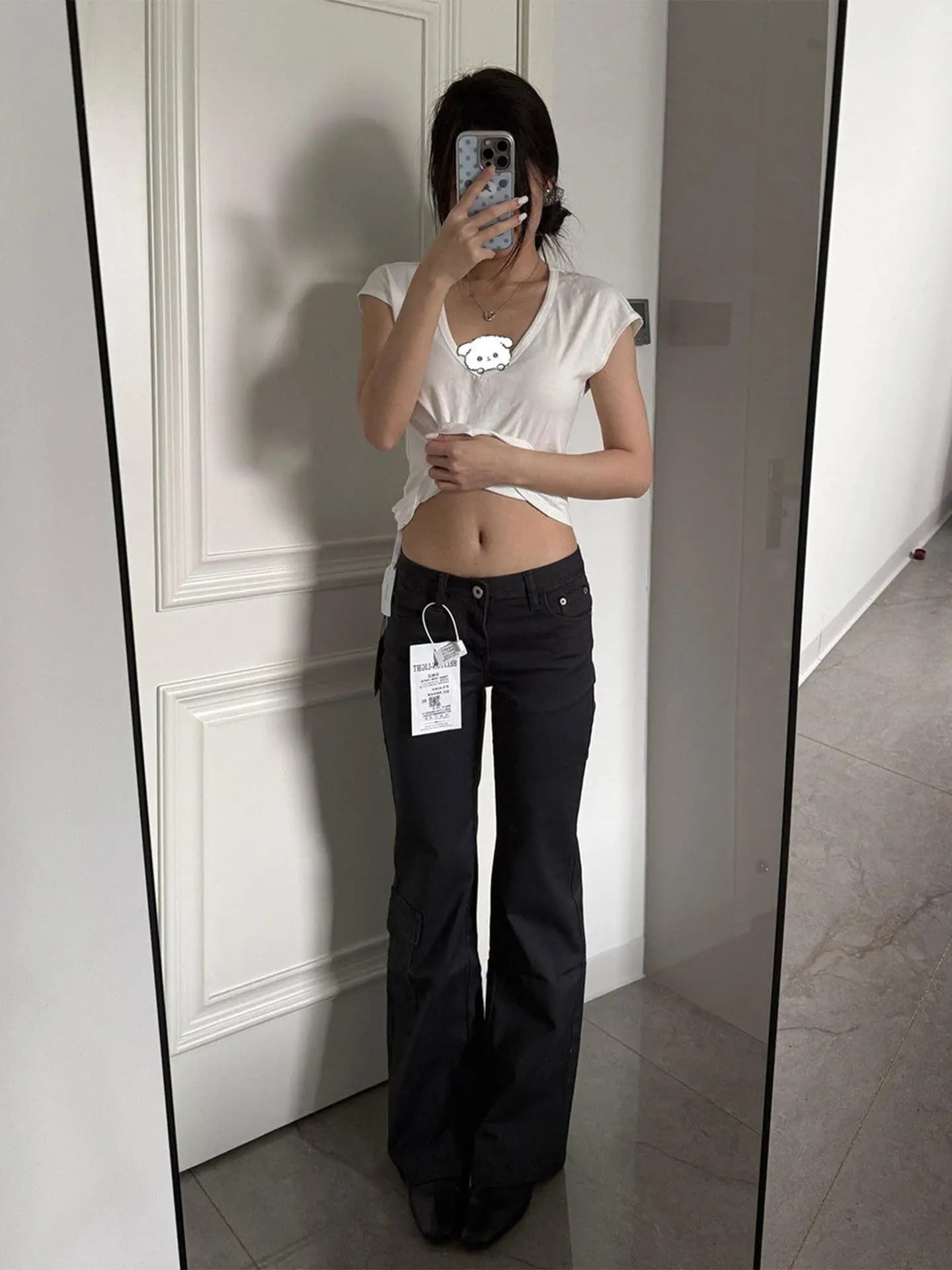 Low Waist Bell Bottom Denim Jeans Women's Summer Fashion Pleated Dungaree Pants High Street Style Multi Pocket Workwear