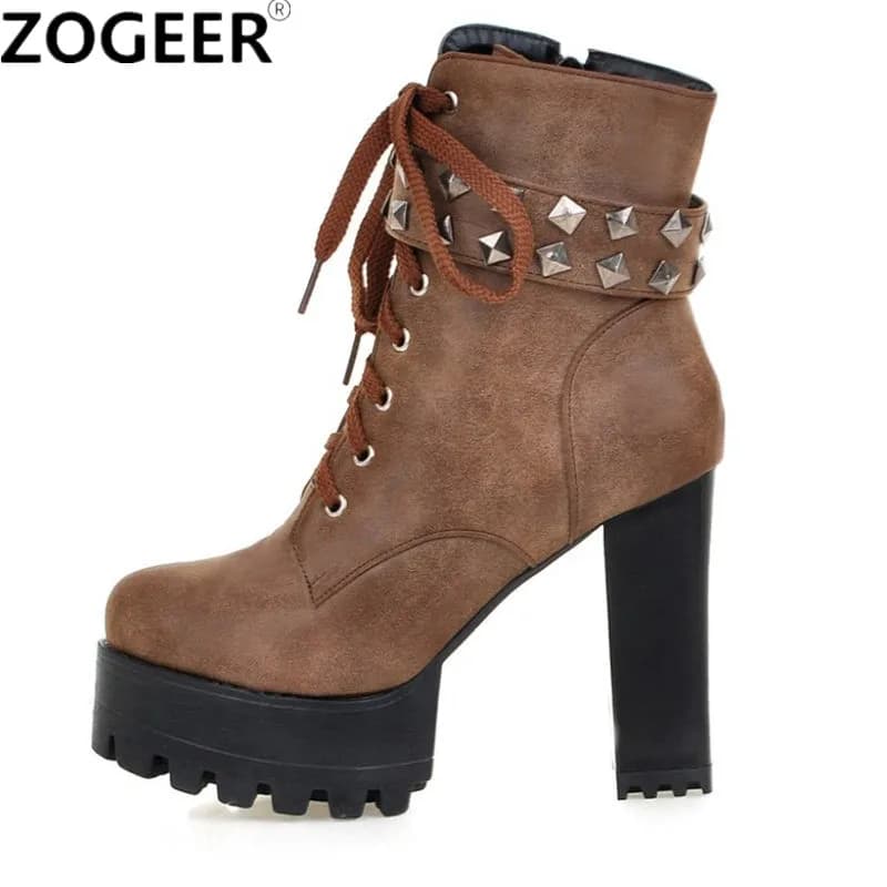 Fashion Women Ankle Boots Platform Punk Heeled Motorcycle Boot Sexy Buckle Rivets Black PU Leather Short Shoes Woman Big Size 48