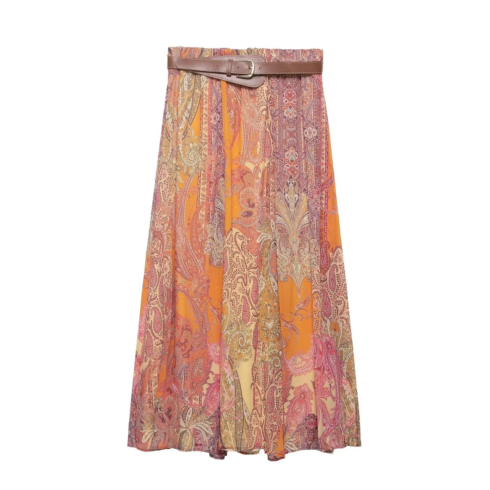 Willshela Women Fashion With Belt Printed Pleated A-Line Midi Skirt Vintage High Elastic Waist Female Chic Lady Skirts