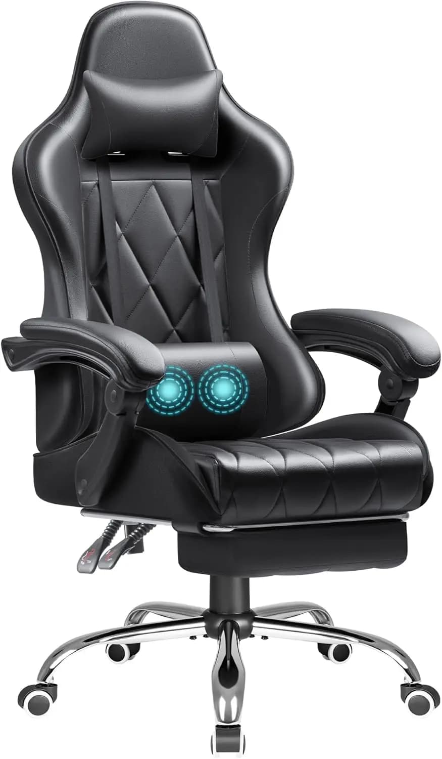 Sedia da Gaming Ergonomica con Poggiapiedi, Supporto Lombare Massaggiante, Altezza Regolabile e Poggiatesta - Nera