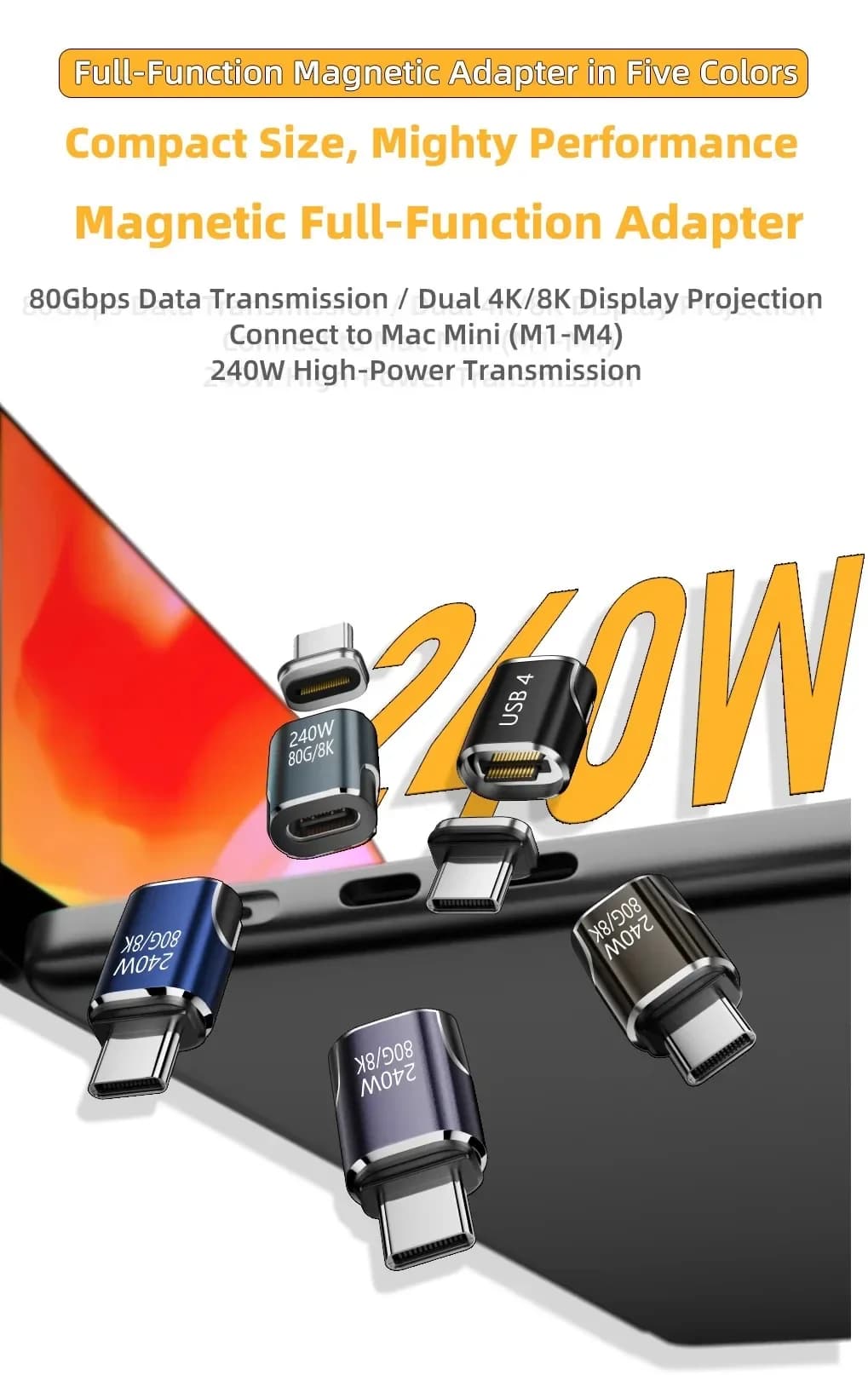 Adattatore Magnetico Multifunzione PD 240W da Type-C a USB 4.0 con Trasmissione 80Gbps per iPhone 15/16 e Samsung, Adattatori Audio