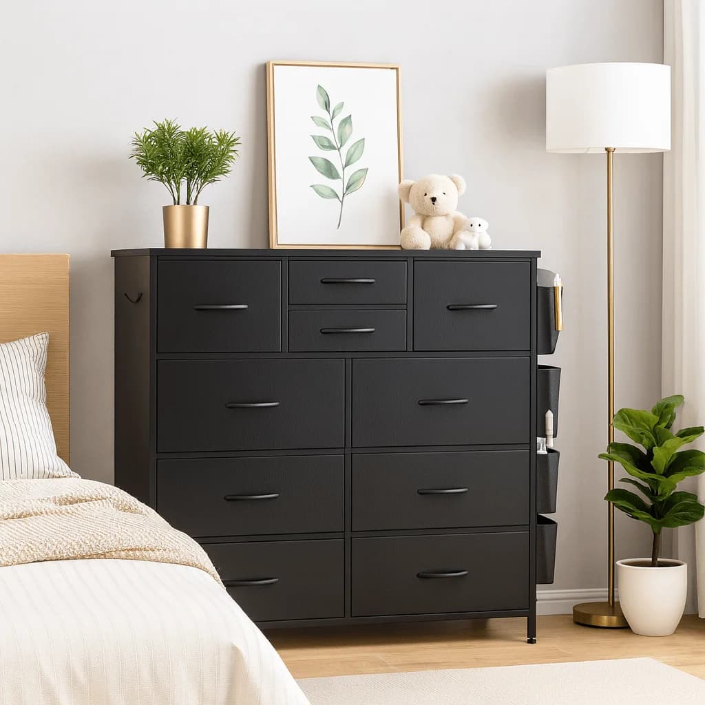 Armadio nero con dieci cassetti e tasche laterali, ideale per organizzare gli armadi in camere da letto, corridoi, aree giorno e