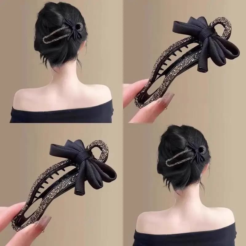Fermaglio a becco d'anatra con strass, fiocco nero classico, pratico fermaglio per capelli, versatile accessorio moda per ragazze