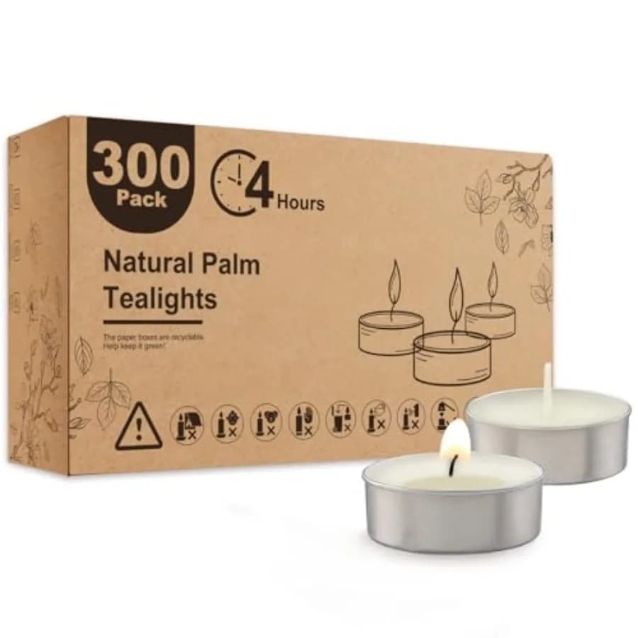 Candele Tealight in Palma Senza Profumo, Confezione da 300, Durata 4,5 Ore, Bianche, Senza Paraffina, Senza Fumo, Mini Tealight