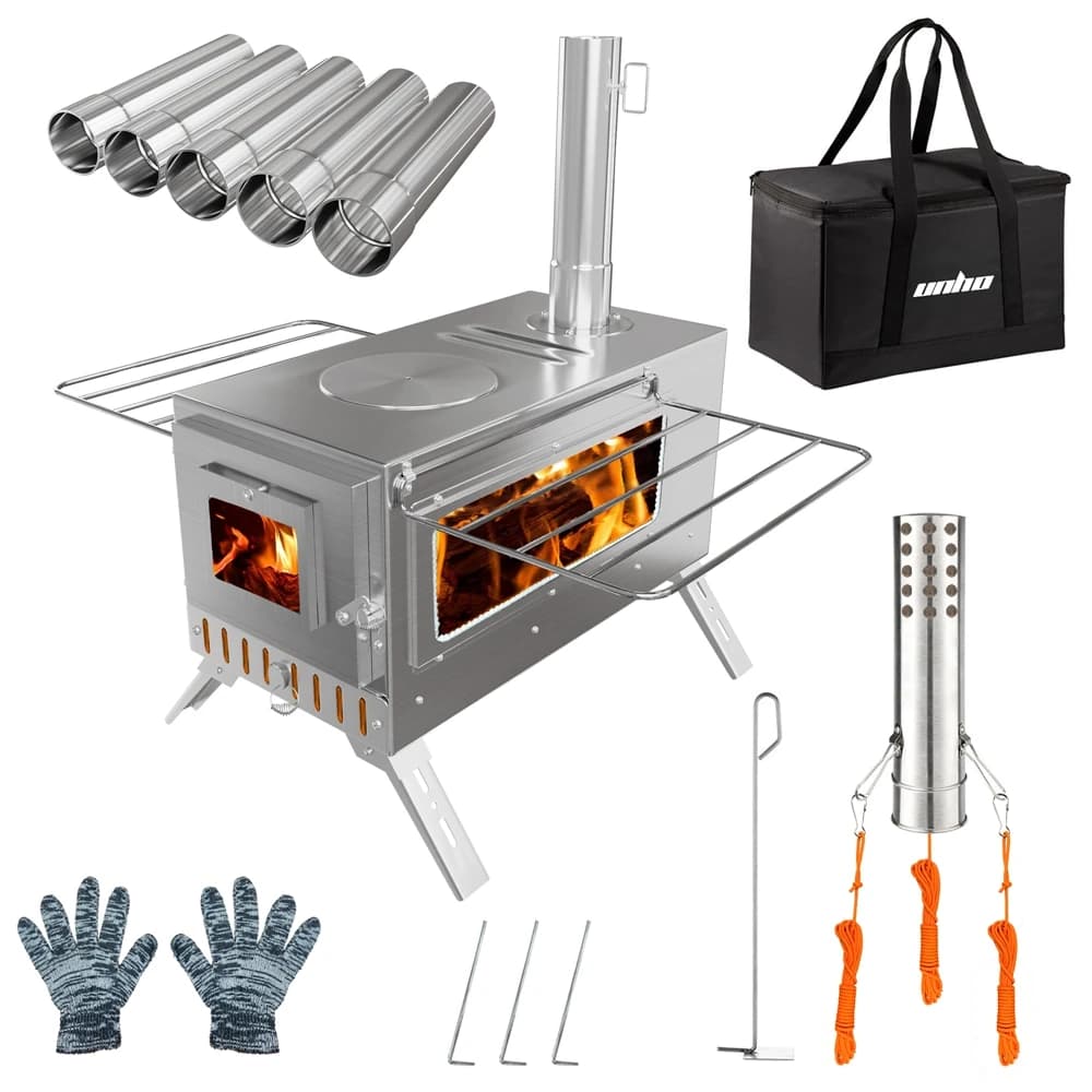 Portable Wood Camping Stove Stainless Steel Tent Stove With 7 Tubes For Outdoor Camping, Heating