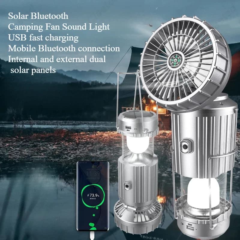 Lampada Ventilatore LED Creativa a Energia Solare, Lampada da Campeggio Portatile con Interruttore Estensibile, Illuminazione d'Emergenza per Esterni