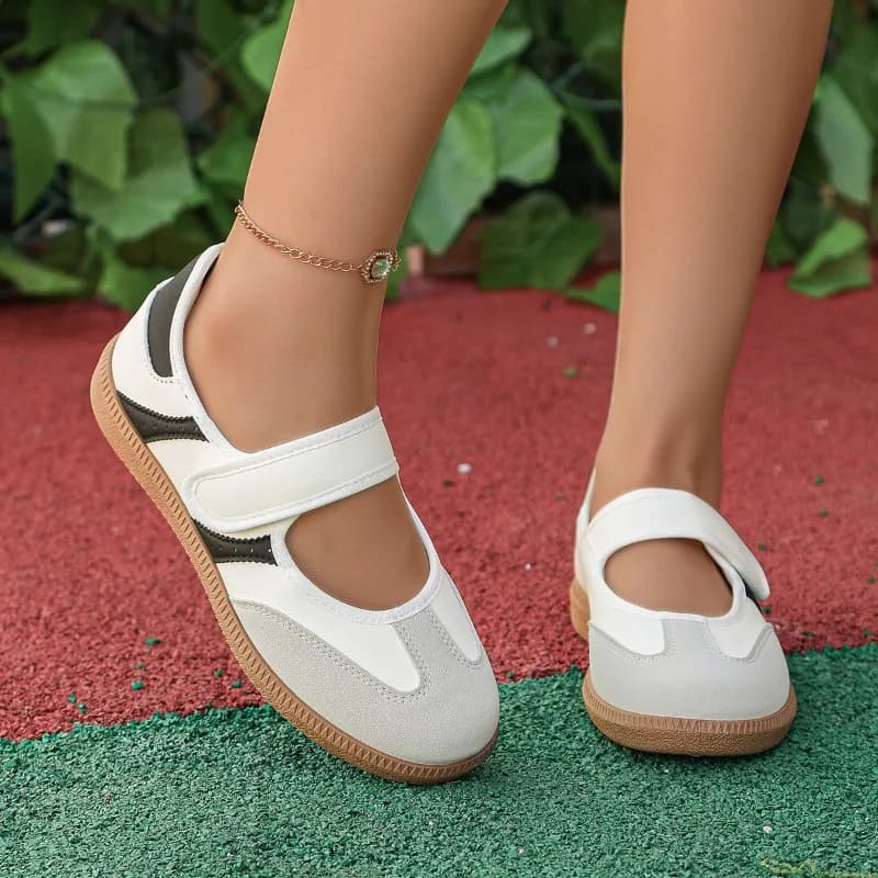 Women White Grey Color Block T-Strap Velcro Mary Jane Flats Round Toe Raw Rubber Sole Non Slip Walking Casual Sneaker Shoes