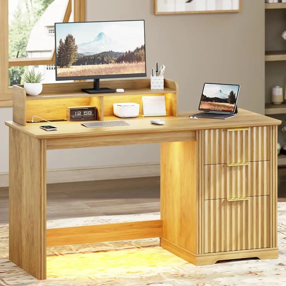 47 Home Office Desk with Monitor Stand, RGB Lighting, Power Outlets & Storage for Writing or Gaming