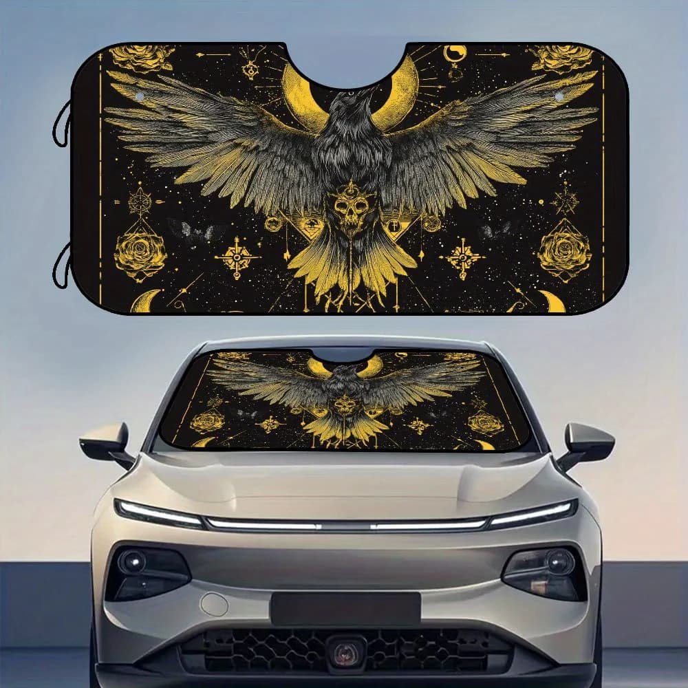 1pc Eagle Roses Moth Moon Style Windshield Sun Shade For Front Car - Chic Black & Golden Print, Polyester Material, Keeps Vehicl