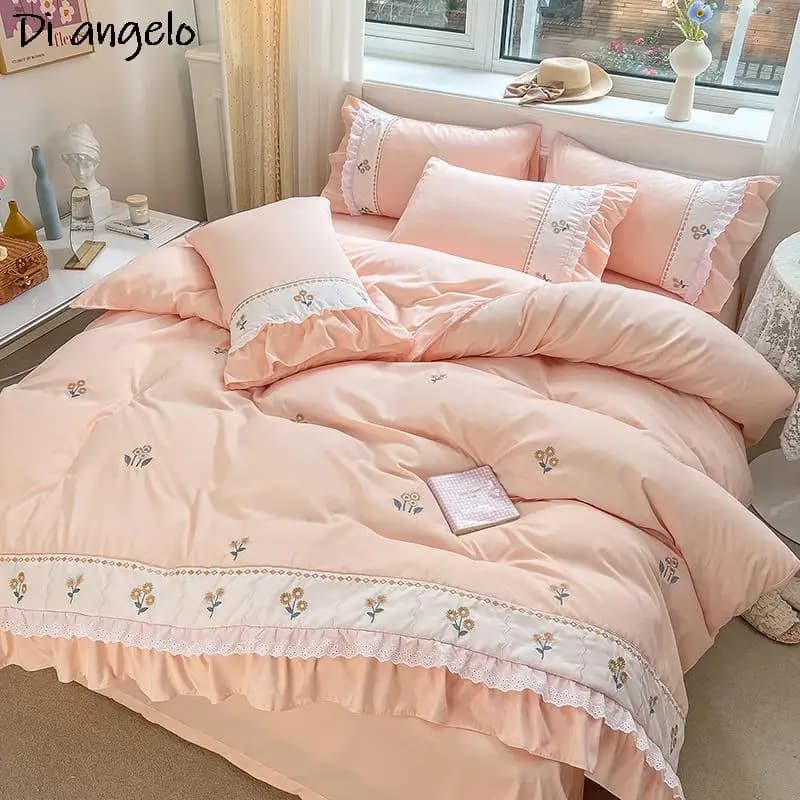 Set of embroidered pink lace bedding, set duvet, bedding, flat sheet, pillowcase, princess collection, wedding gifts, # /L