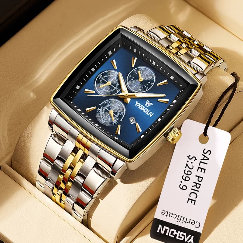 Men's Square Sports Wrist Watch, Waterproof, Bright, Quartz Chronograph, Stainless Steel Luxury Watch
