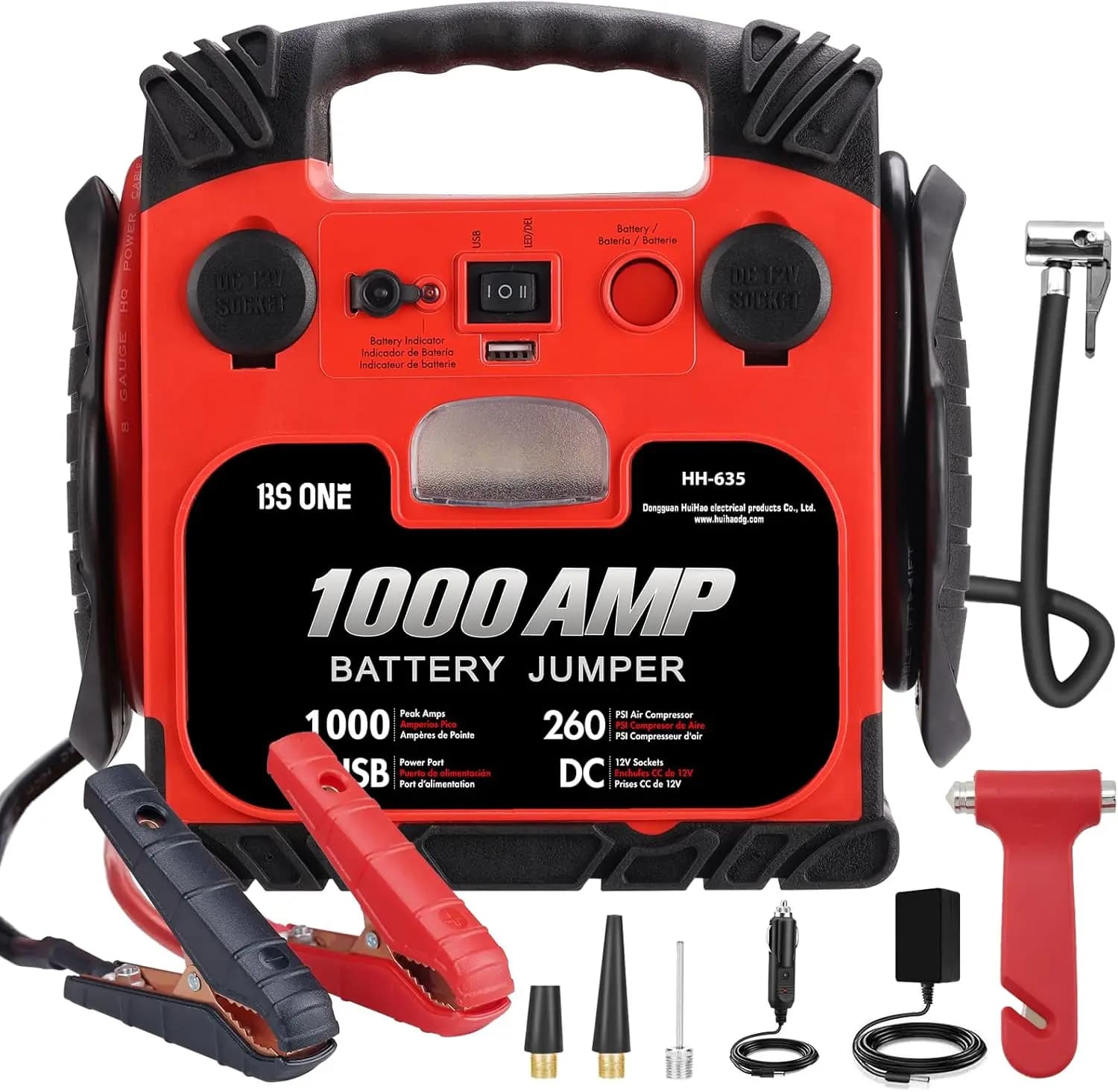 Avviatore di Emergenza per Auto 1000A con Compressore d'Aria, Luce LED e Uscita USB per Batterie 12V