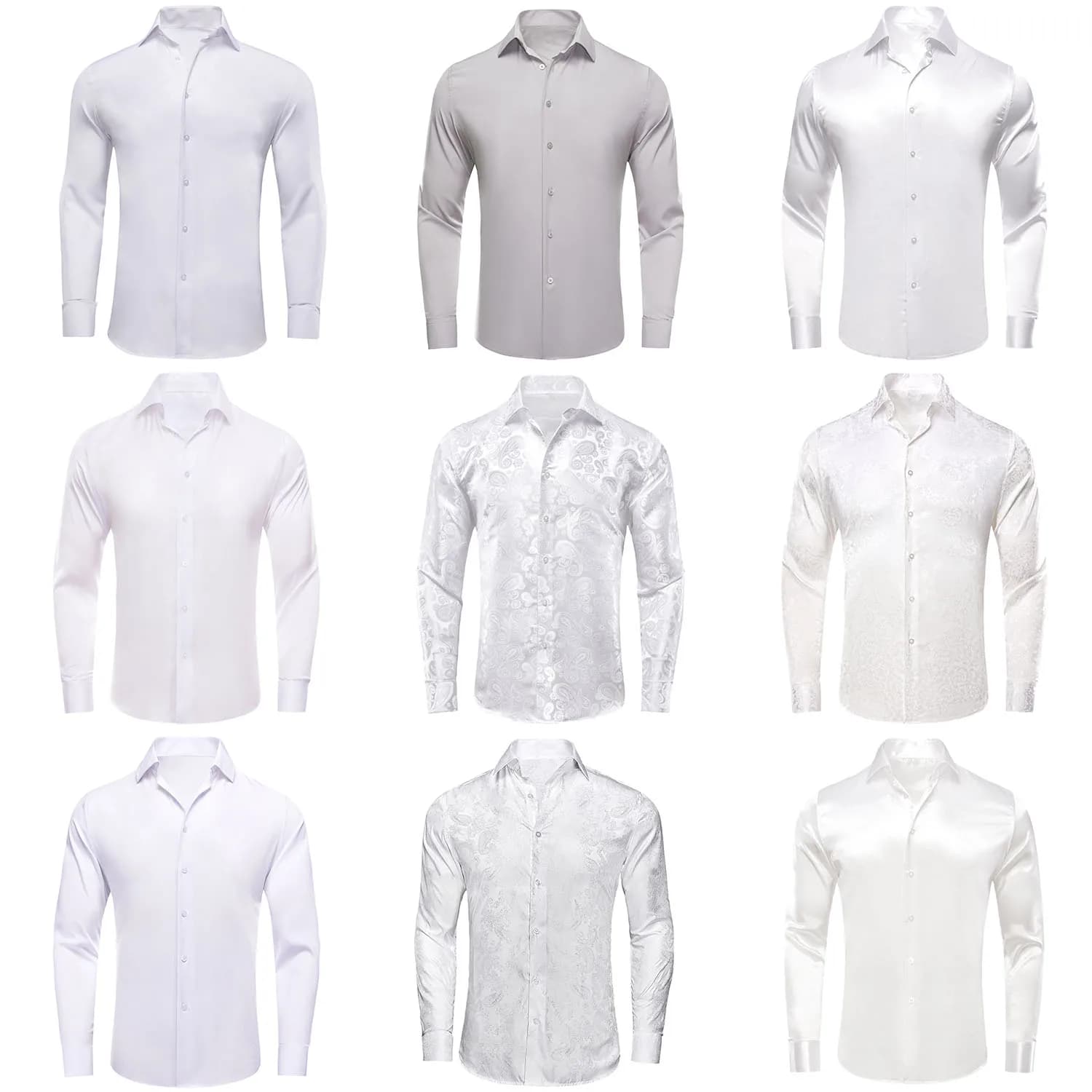 Hi-Tie Men's Shirt Spring Autumn Long Sleeve Turndown-Collar Dress Shirt Business Formal Party Wedding Grey Silvery White