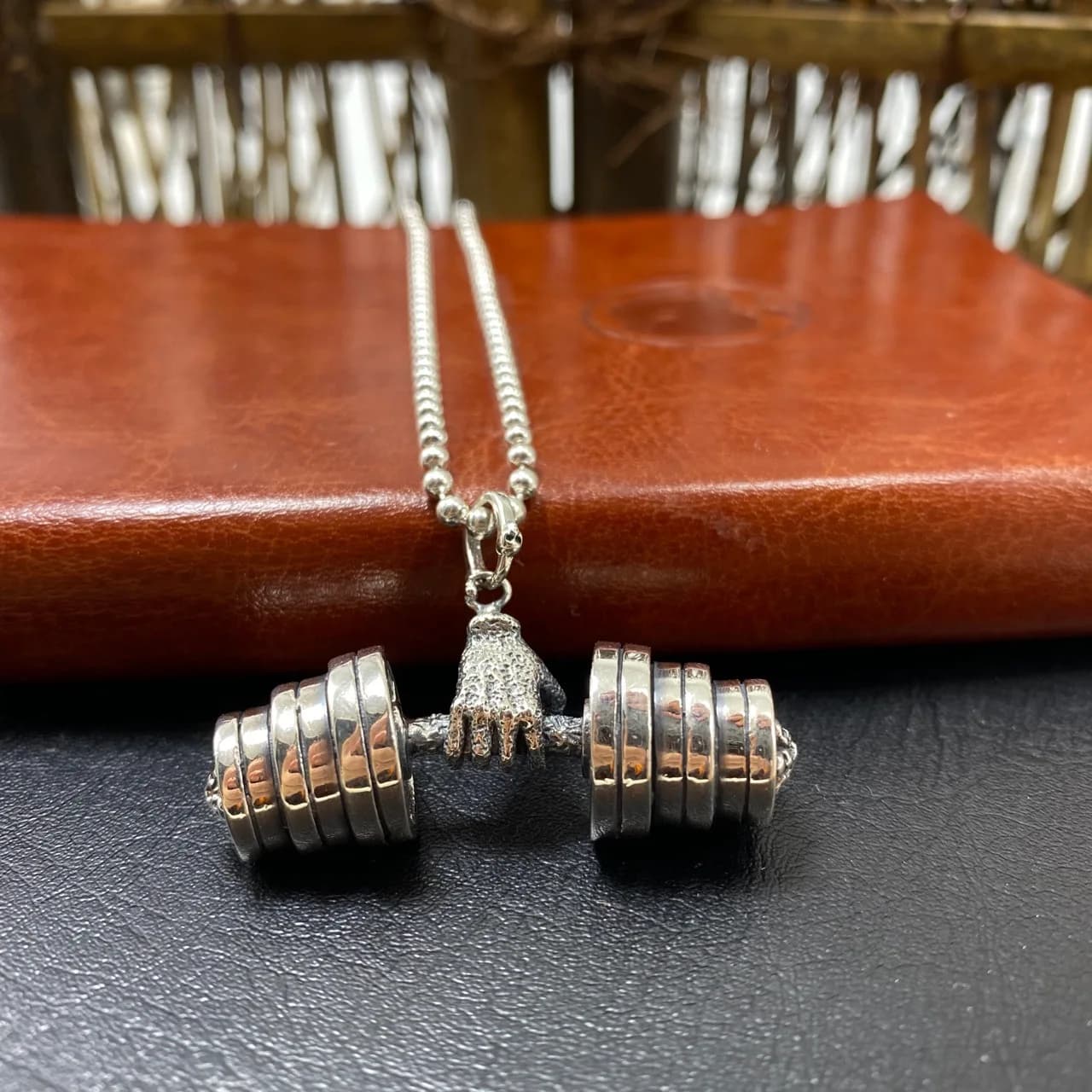 European and American trend s925 pure silver dumbbell necklace men's hip-hop personality trendy men's fitness domineering pendan